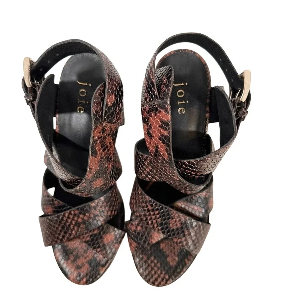 Joie Brown Snakeskin Embossed Strappy Block Heel Sandals Size 36.5 Buckle Ankle